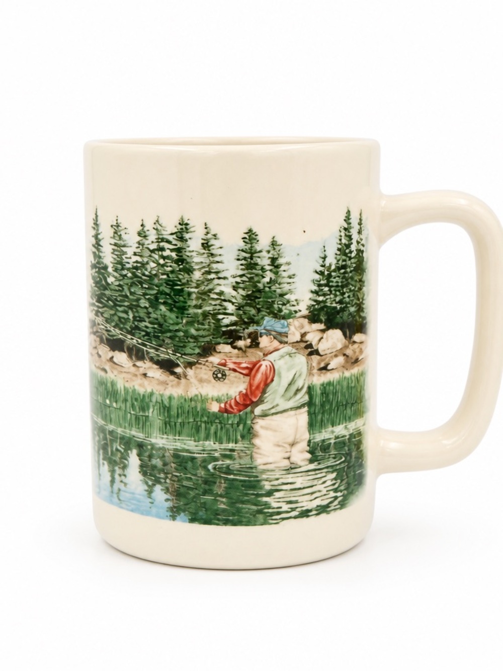 VINTAGE!! Otagiri Cream Ceramic Fisherman Fly Fishing Outdoor Scene Mug Cup
